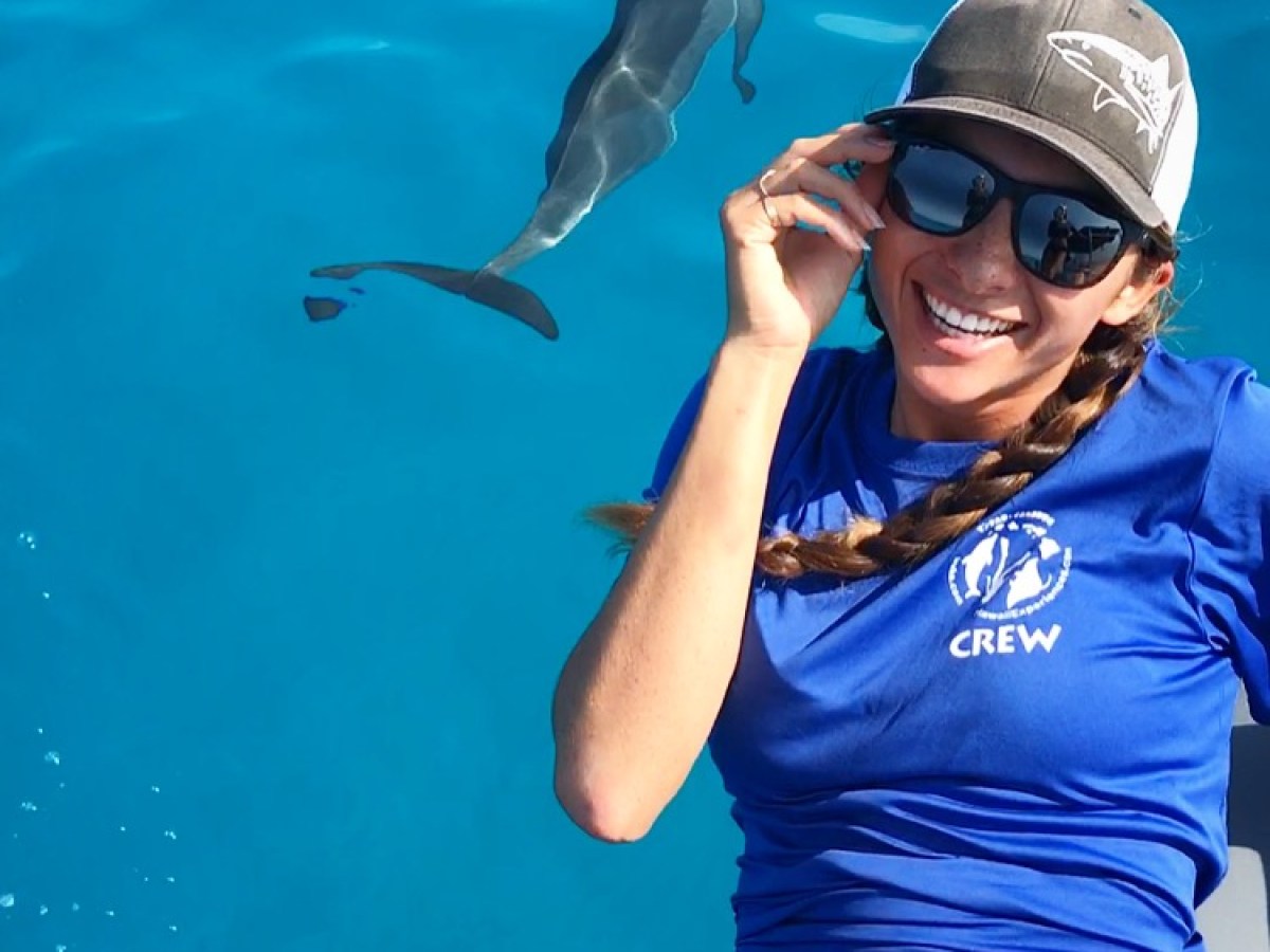 Woman smiling on boat in blue water with dolphin swimming below.