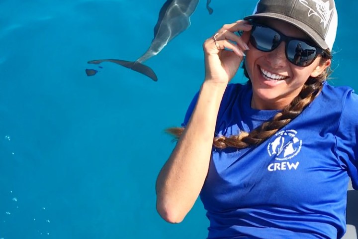 Woman smiling on boat in blue water with dolphin swimming below.
