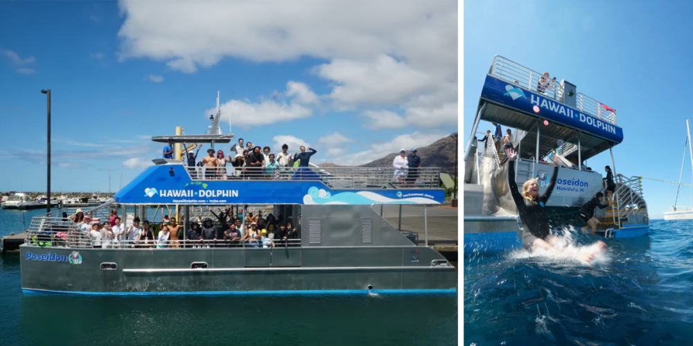 Two images of Iruka Hawaii tour boat with people on deck, labeled 'Hawaii Dolphin'.