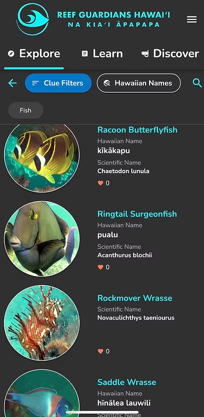 App interface showing a list of Hawaiian reef fish with images and names.