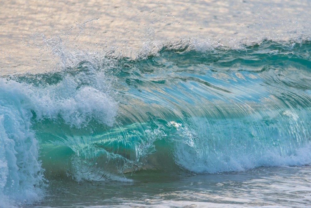 Ocean wave crashing with clear turquoise water and foam.